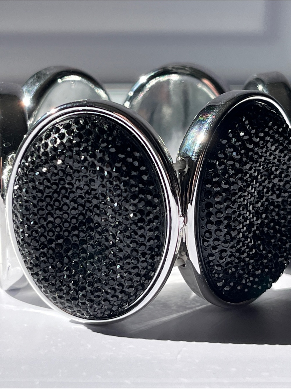 Black Crystal Stretch Bracelet Silver Tone Glam Cocktail Cuff Wide Bracelet
